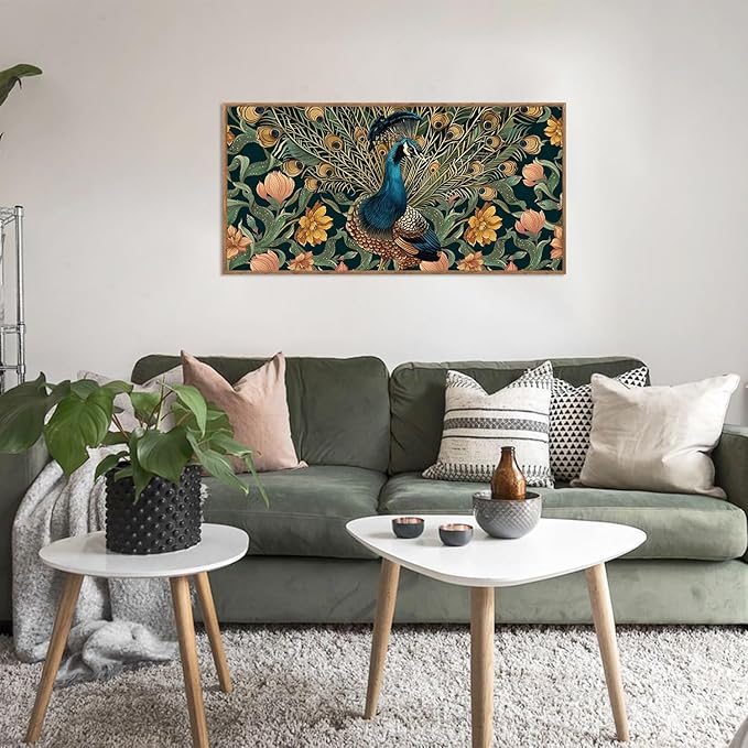 HLNIUC Peacock Wall Art Canvas,Vintage Animal Wall Art Flower,Peacock Artwork Framed,Animal Feather Artwork,Elegent Peacocks Poster Floral,Green Gold Peafowl Painting for Living Room,Home Office 20*40