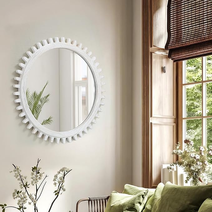 ULIKE Round Rustic Wood Mirror for Bathroom, Farmhouse Mirror with Wood Frame, 24x24 Inch White Vanity Mirrors for Wall Decor of Bedroom Living Room Entryway