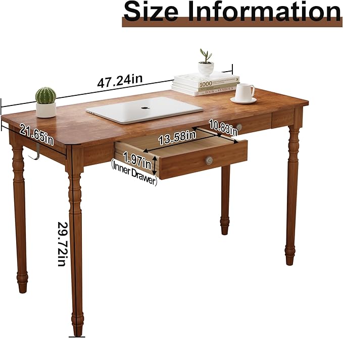 100% Solid Wooden Desk with Drawers - 47.2” Mid Century Modern Desk with 2 Hooks, Vintage Writing Desk with Drawers, Simple Work Study Table for Bedroom & Home Office - Walnut Color