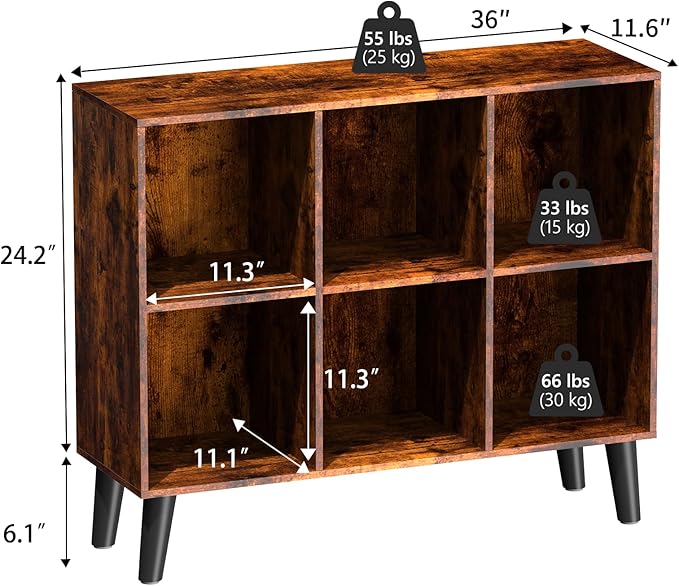 6 Cube Storage Organizer with Legs, 3 Tier Cube Low Bookcase Freestanding Storage Display Organizer for Home Office, Three-Cubes Open Shelf Bookshelf (Retro Brown, 6 Cube Horizontal)