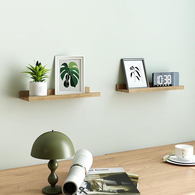 Floating Shelves for Wall Decor, Wall Mounted Wood Storage Shelf for Bedroom, Living Room, Bathroom, Kitchen, Nursery, Display Picture Ledge Shelf with Lip Set of 2-14 Inches, Oak