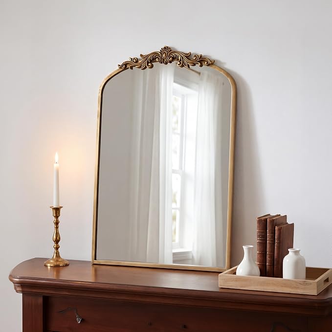 PERFNIQUE Vintage Mirror, 35" X 24" Arched Antique Baroque Wall Mirror, Gold Traditional Wall Decor, Ornate Decor Anthro Look Alike Furniture for Bathroom Living Room Fireplace Entryway Hallway