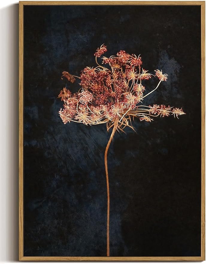 WALLZK Vintage Framed Wall Art Moody Botanical Wall Decor Dark Dried Flower Minimalist Canvas Prints Pictures Rustic Retro Artwork for Walls Living Room Bedroom Bathroom 12"x16"