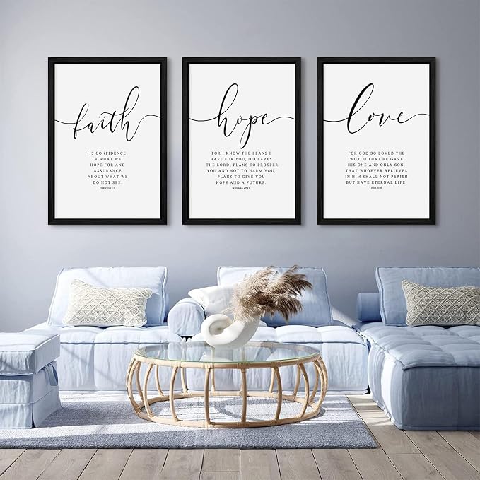 Bible Verses Wall Decor 3 Pieces Scripture Quotes Canvas Wall Art Faith Hope Love Scripture Posters Prints Christian Artwork Pictures for Living Room Bedroom Decoration 12x16 Inch Black Framed