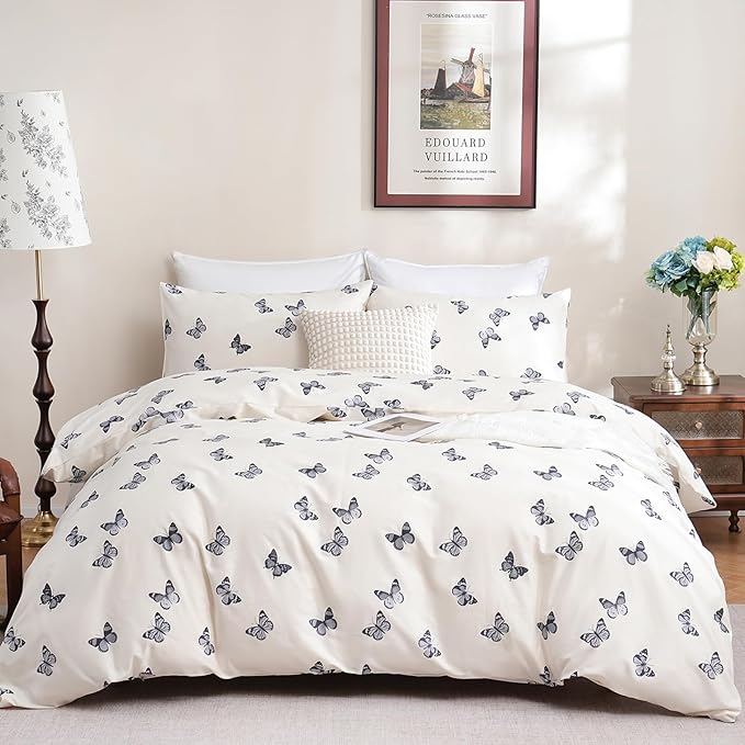 Butterfly Duvet Cover Set King Size 100% Cotton Duvet Cover 3 Pcs Cute Butterfly Printed Comforter Cover with Zipper Closure Soft and Lightweight Cotton Duvet Cover