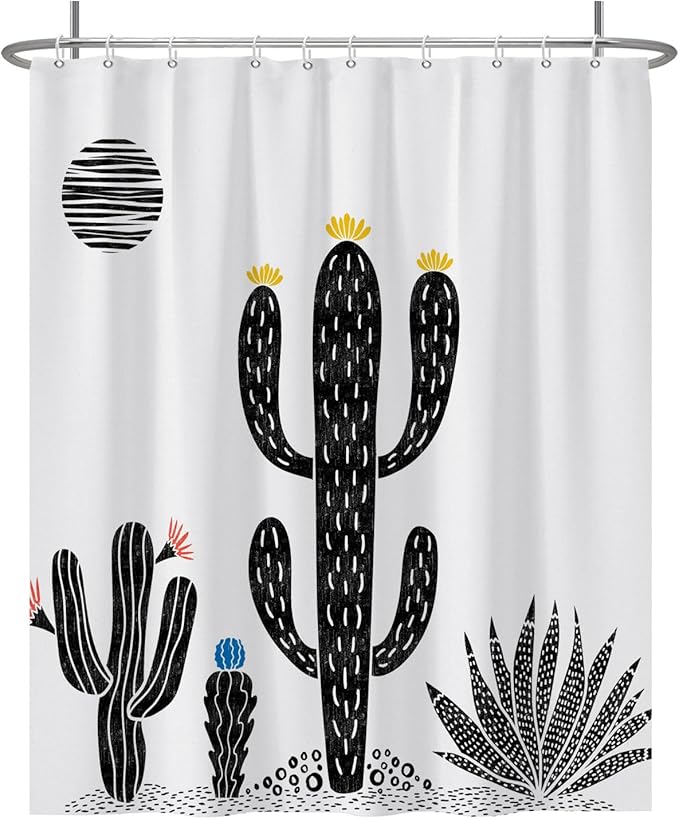 Baocicoo Boho Cactus Shower Curtain Tropical Plants Minimalism Floral Abstract Moon Black and White Shower Curtains for Hotel Home Bathroom Polyester Waterproof Fabric with Hooks 60x72 Inches