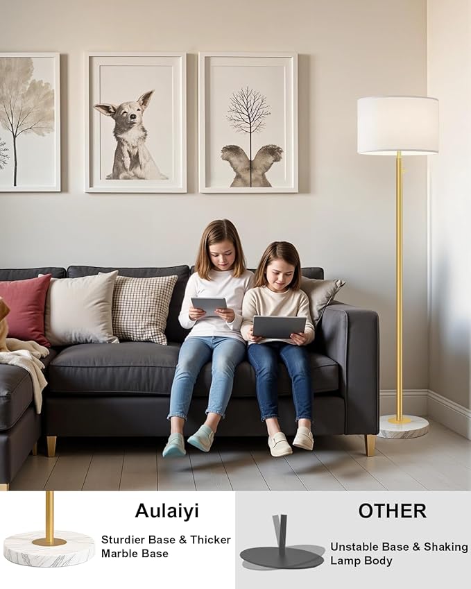 Gold Floor Lamps for Living Room–LED Bulb Included,Dimmable Floor Lamp with Linen Shade,Modern Standing Lamp with Marble Base,Tall Floor Lamp for Bedroom,Nursery,Reading & Office