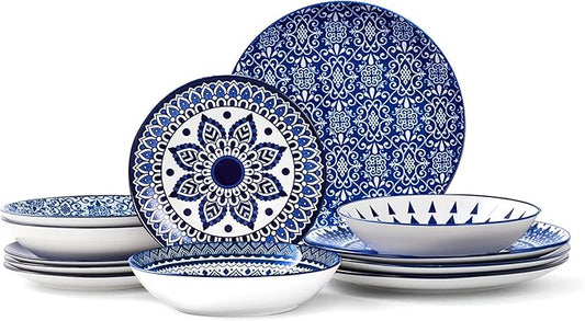 Bestone Porcelain Dinnerware Sets Service for 4, 12 pcs Hand drawn Plates and Bowls Sets, Handmade Ceramic Dish Set, Chip Resistant Modern Plate Set, Dishwasher/Microwave Safe，Vintage Blue