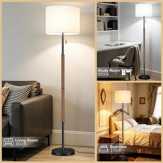 62" Mid Century Modern Floor Lamp, Black-Brown Standing Lamp with 3-Color Temperature & Pull Chain, Weighted Anti-Tip Base for Safety, Floor Lamps for Living Room Bedroom Corner (6500K Bulb Included)