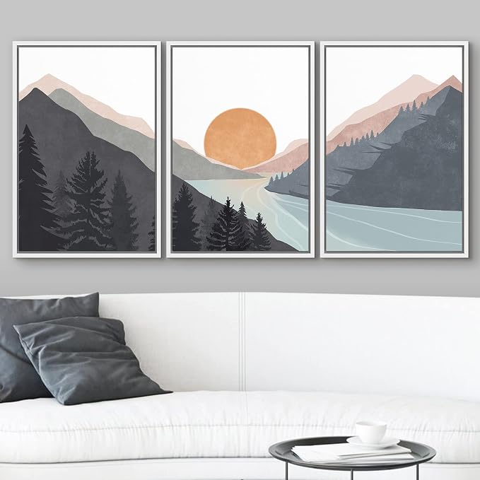 wall26 Framed Canvas Print Wall Art Set Mountain Range Sunlight Horizon Abstract Nature Illustrations Modern Art Nordic Decorative Minimal Boho for Living Room, Bedroom, Office - 24"x36"x3 White