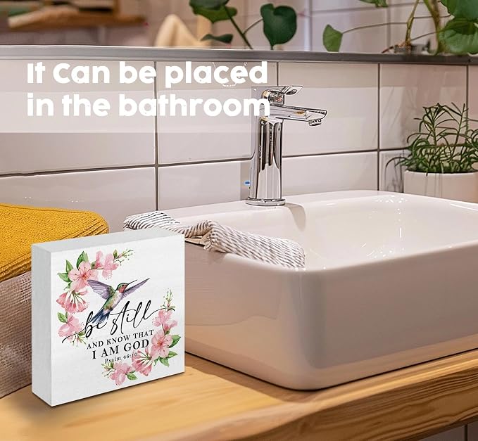 Be Still and Know That I Am God Sign - Inspirational Christian Hummingbird Office Bathroom Home Kitchen Desk Shelf Decor,Christian Scripture Hummingbird Wooden Box Signs,God Decor for Home