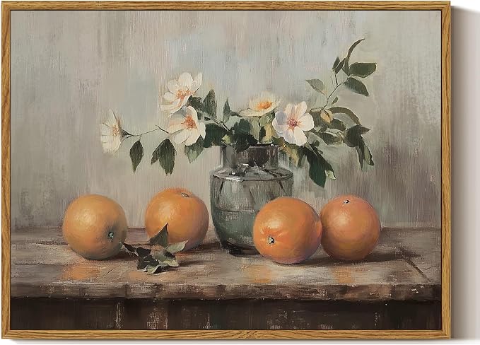ARPEOTCY Framed Canvas Wall Art, Vintage Kitchen Picture Decor, Rustic Farmhouse Cottagecore Shelf Decor, Oranges Still Life Painting, 12x16inch