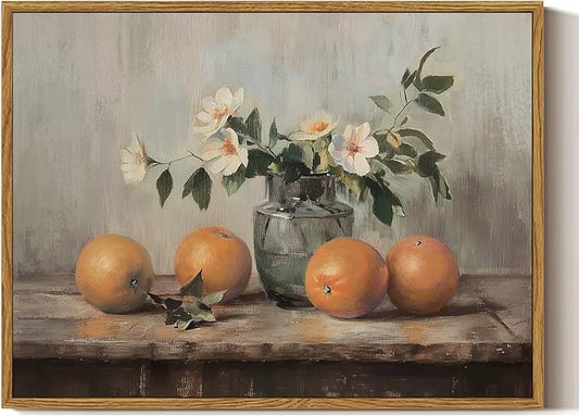 ARPEOTCY Framed Canvas Wall Art, Vintage Kitchen Picture Decor, Rustic Farmhouse Cottagecore Shelf Decor, Oranges Still Life Painting, 12x16inch