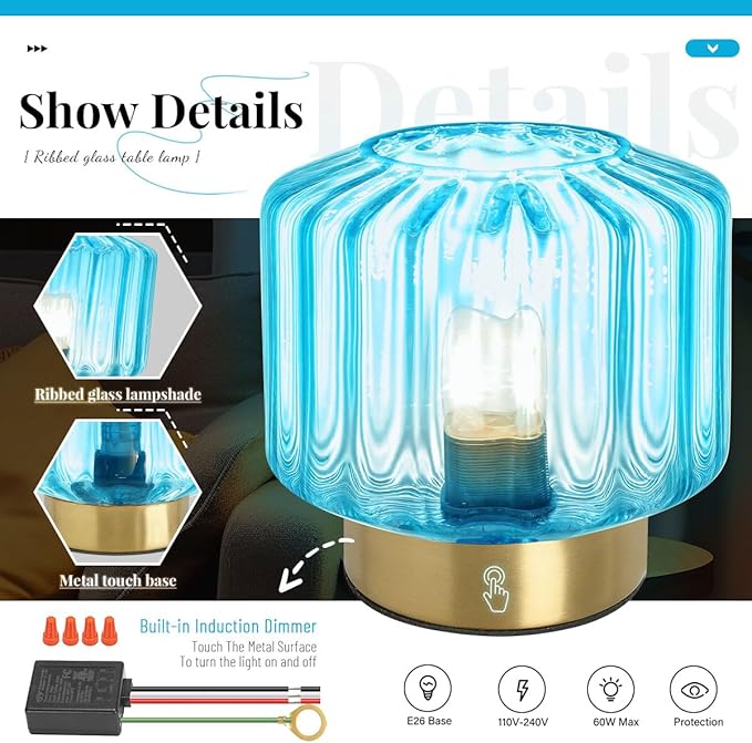 Mid Century Modern Table lamp Small Table Lamps with Touch Metal Base and Blue Glass Shade Vintage Gold Desk lamp nightstand lamp Bedside Table lamp for Bedroom Living Room Office