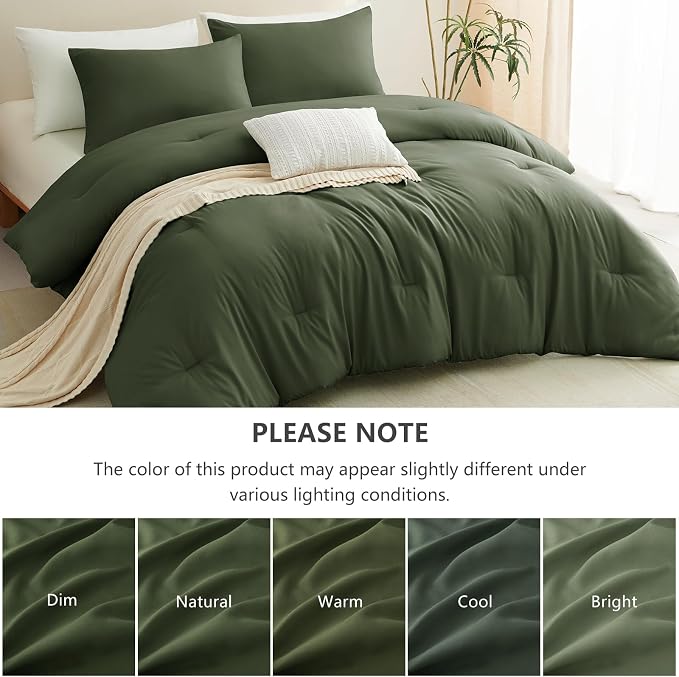CozyLux Oversized King Comforter Set Olive Green, 3 Pieces 120"x98" Lightweight Down Alternative Quilted Bedding Sets, All Season Breathable Solid Comforter with 2 Pillowcases, Bed Set Gift for Home