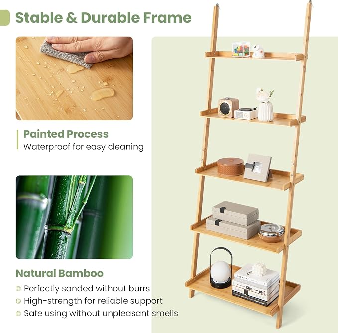 Tangkula 5-Tier Ladder Shelf Bookcase, Bamboo 72”H Wall-Leaning Bookshelf with Baffles and Anti-Tipping Kits, Plant Stand for Living Room Bathroom Home Office Decor, Ladder Bookshelf, Natural