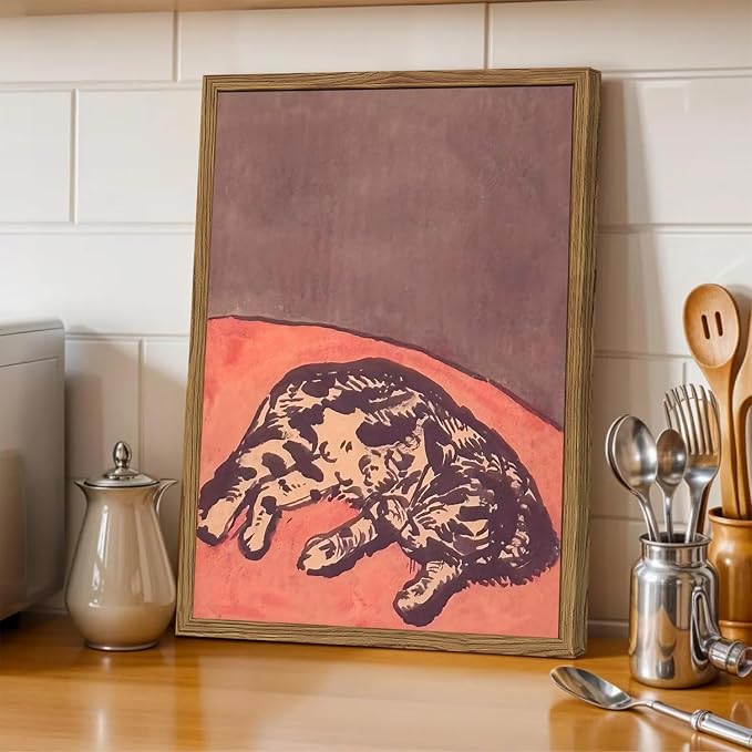Mid Century Cute Cat Wall Art Abstract Sleeping Cat Wall Decor Painting, Vintage Calicos Animal Poster Canvas Print Picture for Living Room Bedroom 12x16 inch Wood Framed