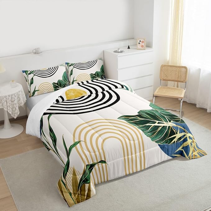 Erosebridal Navy Blue Boho Comforter Full Abstract Light Blue Mid Century Bedding Set Tropical Plant Minimalist Bedding for Kids Boys Girls Modern Geometric Aesthetic Duvet Insert 3Pcs Room Decor