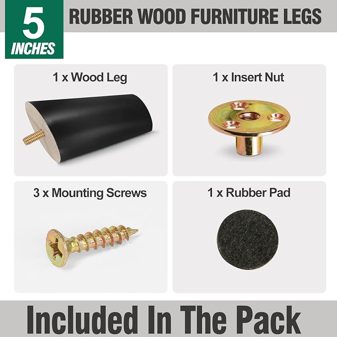 FoDau770 Black Rubber Wood Furniture Legs 5 Inches, 5/16" UNC Slant Tapered Wood Feet Mid Century Sofa Legs, Wooden Furniture Feet Replacement Parts for Cabinet Couch Dresser Chair Ottoman Table