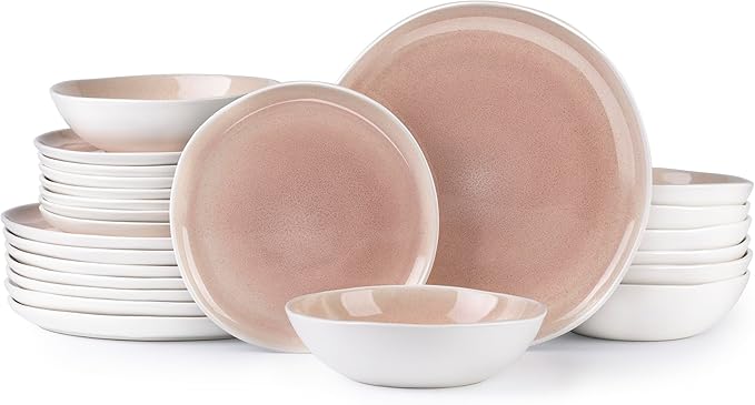 AmorArc Ceramic Dinnerware Sets,Handmade Reactive Glaze Stoneware Plates and Bowls Sets,Highly Scratch Resistant | Dishwasher & Microwave Safe Dishes Set,Service for 8 (24pc)-Pink
