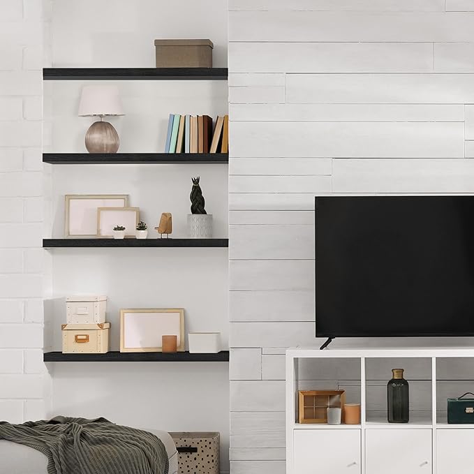 Sorbus 16" Solid Wood Floating Shelves - Set of 2 Black Wall Mounted Kitchen Shelves - Durable Pine Wood