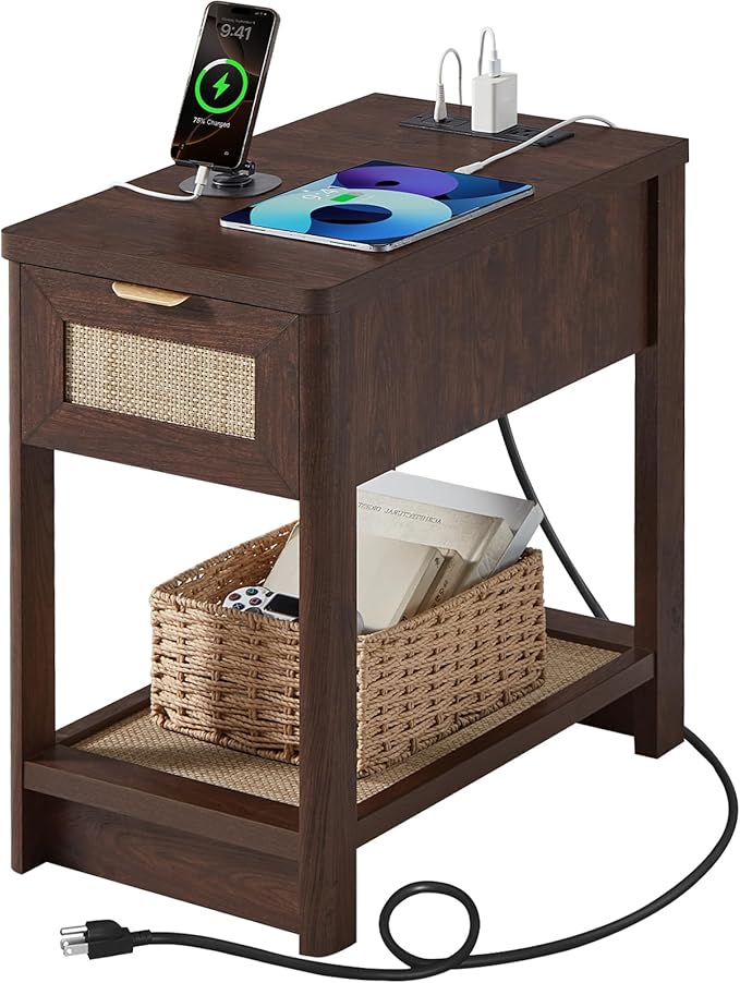 Lerliuo Narrow Night Stand with Charging Station, Boho Nightstand with Drawer, Bed Side End Table with Rattan Shelf for Small Spaces, Wood Nightstands Bedside Tables for Living Room Bedroom