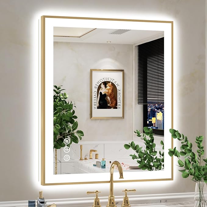 36x30 Inch LED Bathroom Mirror with Lights (Front Lit and Backlit) Gold Framed Lighted Vanity Mirror for Bathroom Wall Dimmable Anti-Fog Memory Tempered Glass Horizontal/Vertical