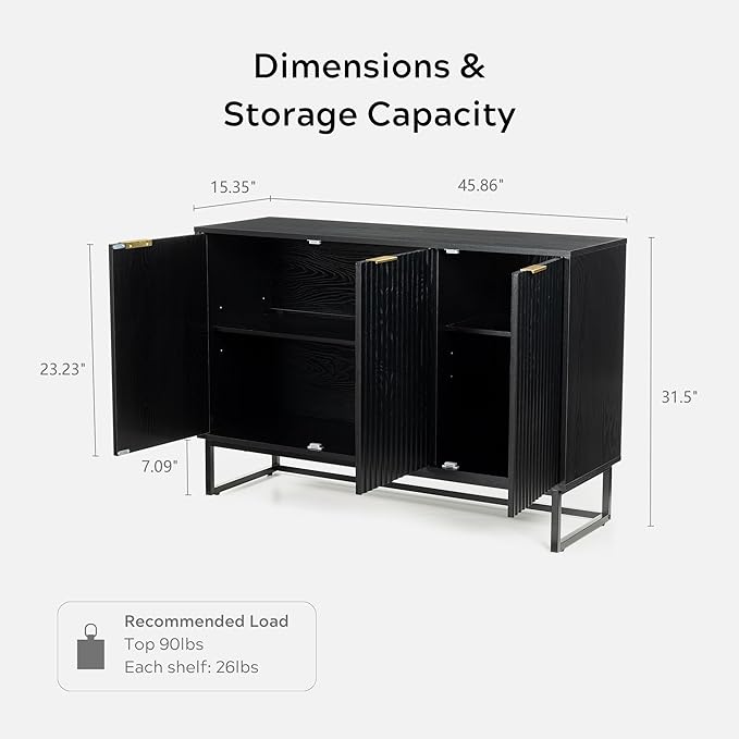 Fluted Storage Cabinet with 3 Doors, Sideboard Buffet Cabinets Adjustable Shelves, Credenza Console Table Cabinets for Living Room, Black