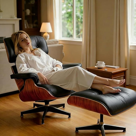 Mid-Century Genuine Top Grain Leather Chaise Lounge Chair & Ottoman, Rosewood Base, Modern Classic Design for Living Room & Office