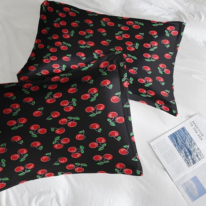 Pamnest Full Size Bed Sheet Sets, Red Black Cherry Fruit Soft Microfiber 4 Pcs Bedding Sets for Kids and Adults Bedroom Bed Decor, Retro Leaf Summer Flat, Fitted Sheet and 2 Pillowcases