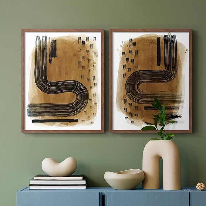 Renditions Gallery Set of 2 Peel & Stick Framed Prints, Abstract Wall Art, Hand Drawn Ink Curves Wall Decor, Re-Stickable - Ready to Hang - 22"x28" - Walnut Frame LT588