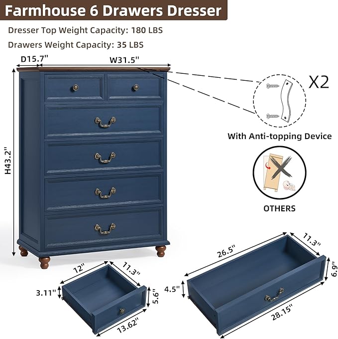 Farmhouse 6 Drawer Dresser for Bedroom, 42" Tall Rustic Chests of Drawers w/ 4 Solid Wood Feet, Mid Century Modern Wooden Closet Storage Dressers Organizer for Living Room, Hallway,Blue