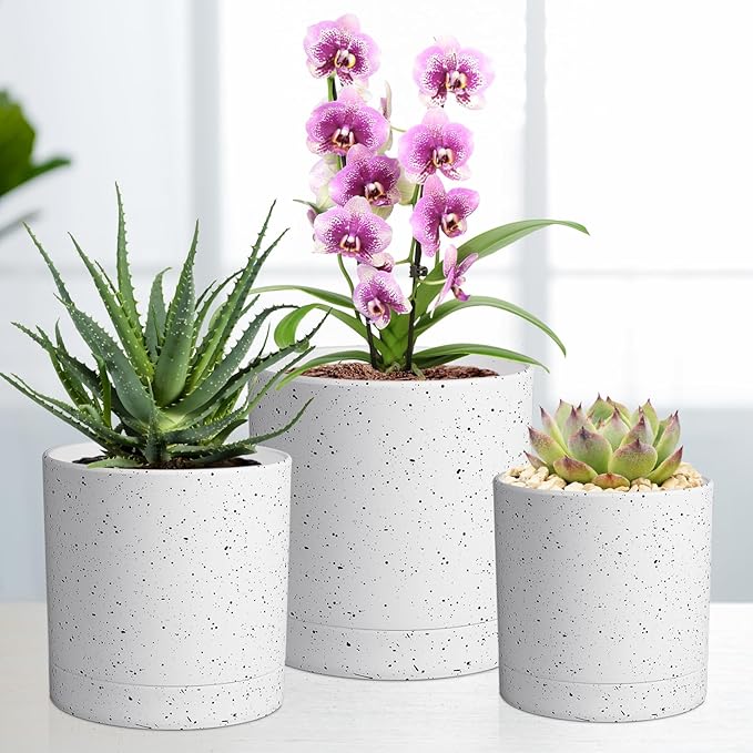 Meowell 6/5/4 inch Plant Pots, 3 Pack Cylinder Flower Pots for Small Indoor Outdoor Plants, Plastic Planters with Drainage Holes and Saucers for Garden Succulent House Plants, Speckled White