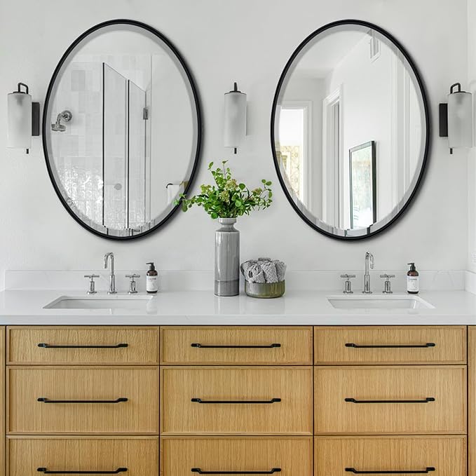 POZINO Oval Beveled Mirror, 24"x36" Bathroom Vanity Mirror for Over Sink, Matte Black Modern Rounded Wall Mirror for Living Room Entryway Bedroom Hallway Fireplace, Hangs Horizontal Or Vertical