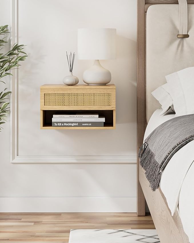 Floating Nightstand, Small Modern Floating Nightstand with Drawer, Floating Shelves for Bedroom, Bathroom (Oak Rattan)