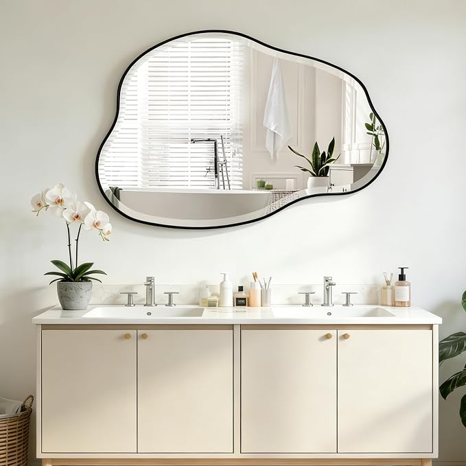 POZINO Irregular Beveled Wall Mirror, 36" x 24" Asymmetrical Vanity Mirror with Metal Frame, Organic Cloud Shaped Mirror for Bathroom Entryway Living Room Bedroom, Horizontal or Vertical Hanging