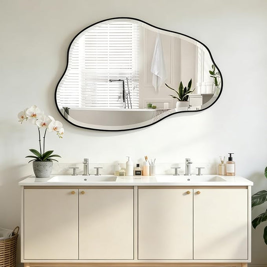 POZINO Irregular Beveled Wall Mirror, 36" x 24" Asymmetrical Vanity Mirror with Metal Frame, Organic Cloud Shaped Mirror for Bathroom Entryway Living Room Bedroom, Horizontal or Vertical Hanging