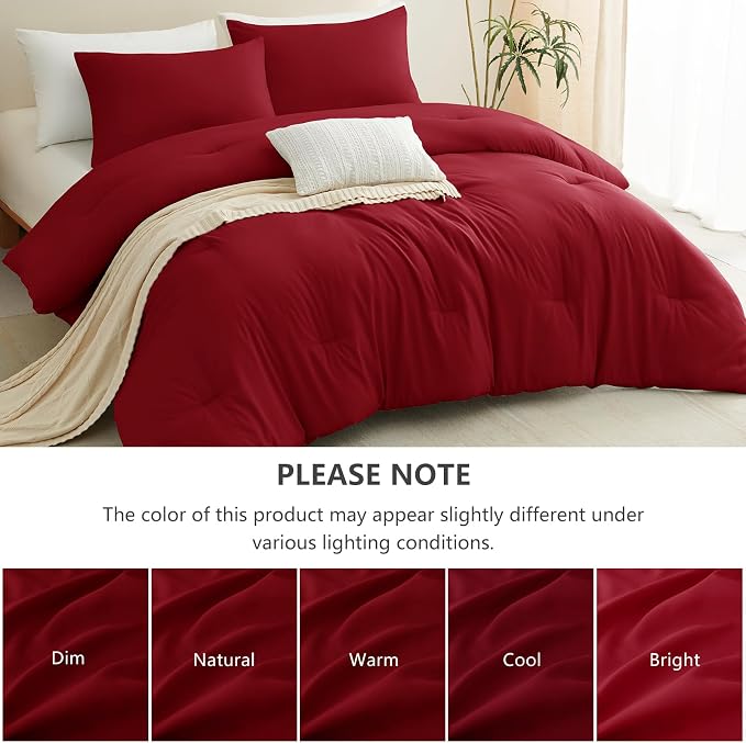 CozyLux California King Comforter Set Dark Red, 3 Pieces Cal King Lightweight Down Alternative Quilted Bedding Sets, All Season Breathable Solid Comforter with 2 Pillowcases, Bed Set Gift for Home
