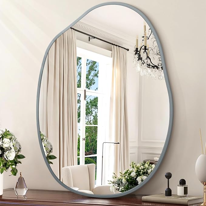 Large Irregular Wall Mirror Asymmetrical Mirror, 26"x37.5" Metal Framed Mirrors for Bathroom, Decorative Modern Wall Decor, Living Room, Entryway, Bedroom Gray