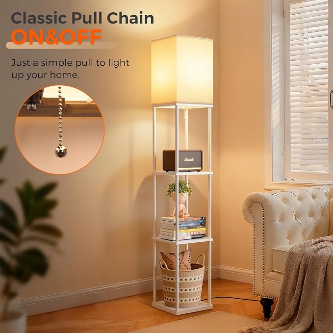 FOLKSMATE Floor Lamp with Shelves, 3-Tier Modern Square Bookshelf Floor Lamp, 3 Color Temperature Bulb Included, Floor Lamps for Living Room Bedroom Corner - White
