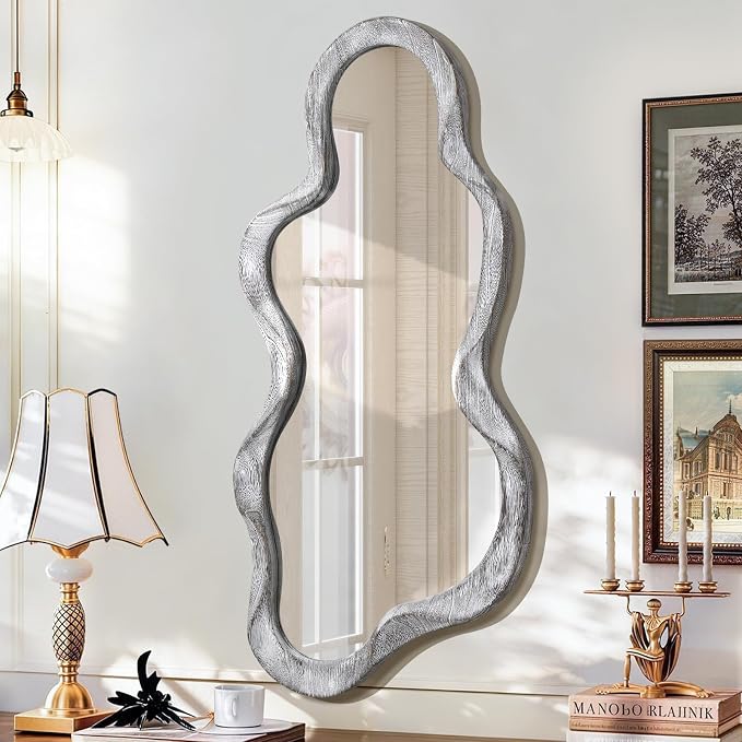 Irregular Asymmetrical Mirror for Wall Decor Large Modern Wooden Framed Wall Mirror Unique Shape Wall Mounted Vanity Artistic Wavy Mirror Decorative for Living Room Bedroom Bathroom Entryway