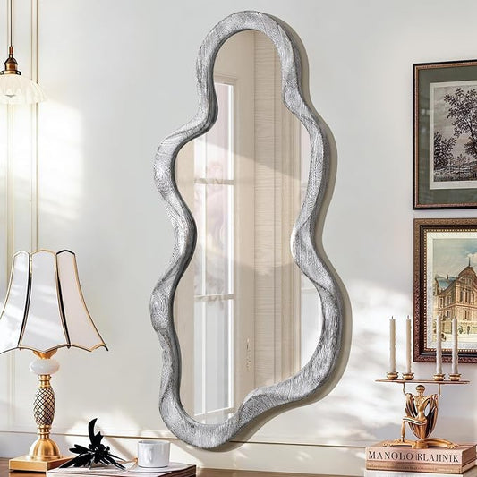 Irregular Asymmetrical Mirror for Wall Decor Large Modern Wooden Framed Wall Mirror Unique Shape Wall Mounted Vanity Artistic Wavy Mirror Decorative for Living Room Bedroom Bathroom Entryway