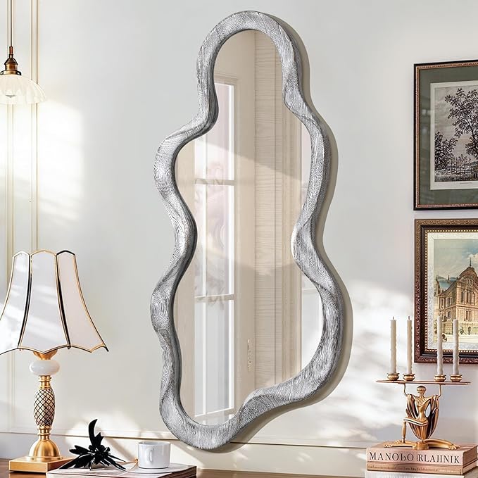 Irregular Wall Mirror Cloud Wavy Wood Frame Mirrors Asymmetrical Modern Mirror for Wall for Vanity Bathroom Living Room Bedroom Entryway Hallway Modern Unique Decorative Artistic Mirror Large