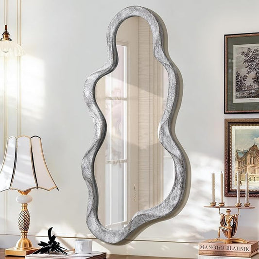 Irregular Wall Mirror Cloud Wavy Wood Frame Mirrors Asymmetrical Modern Mirror for Wall for Vanity Bathroom Living Room Bedroom Entryway Hallway Modern Unique Decorative Artistic Mirror Large