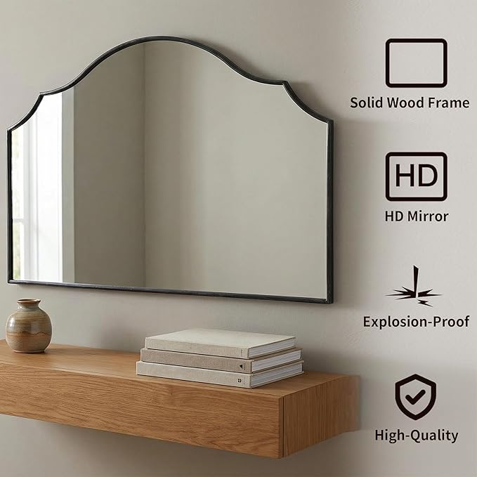 Besdomus Large Scalloped Black Mirror: 47"x31" Modern Minimalist Wood Frame Wall Mirror - Decorative Arched Fireplace for Bedroom/Bathroom/Dresser/Entryway/Mantle/Living Room - Stylish Home Decor