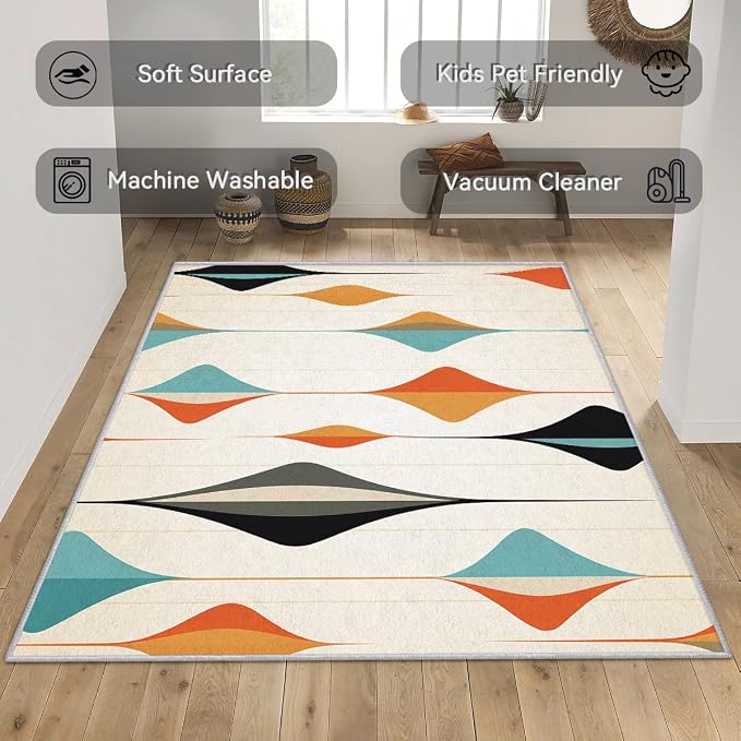 Mid Century Modern Rug 8x8, Washable Retro Geometric Rugs for Living Room Bedroom, Minimalist Area Rug for Home Decor, Non Slip Backing Floor Carpet with Gripper - 8 x 8 ft