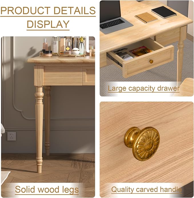 Solid Wood French Country Desk,Writing Desk with Storage Drawers,Farmhouse Computer Table Makeup Table Modern Simple Style,for Home Office Living Room Study Workspace Bedroom (Wood, 31.5IN)