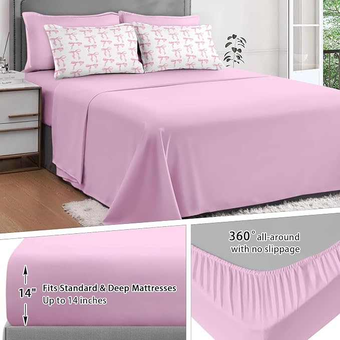 7Pcs Comforter Set King Size, Cute Coquette Pink Bow Bowknot, Bedding Decor Sweet Themed Elegant Girly Baby Bedroom Bed Set Flat Sheet Fitted Sheet Pillowcases Shams for Kids Adults