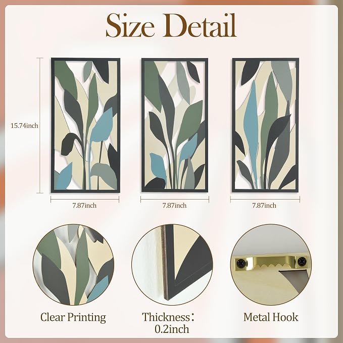 Boho Wall Art Decor for Living Room, 3D Textured Botanical Tropical Leaf Wood Framed Artwork, Mid Century Modern Farmhouse Wall Decor for Bedroom Office (Tropical Plant Theme - 15.7 x 7.87 inch)