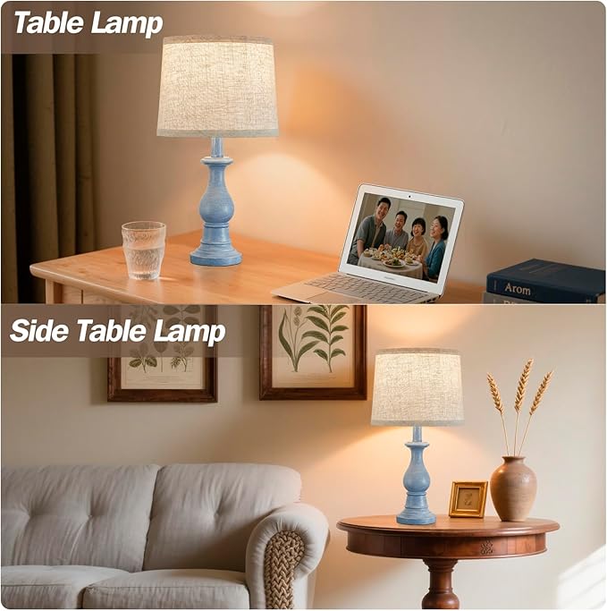 Vintage Table Lamp for Living Room Bedroom, 18.5" Farmhouse Bedside Lamps Nightstand Lamp Set of 2, Table Lamps with Oatmeal Linen Lamp Shades, 2 LED Bulbs Included, Blue